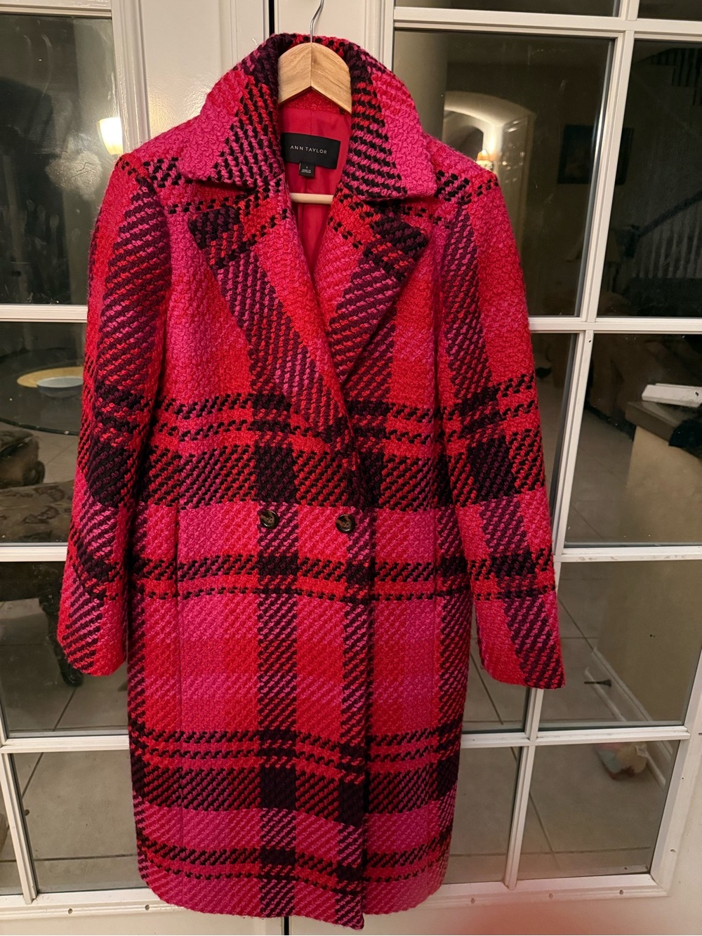Ann Taylor Pink and Black Plaid Wool-Blend Pea Coat